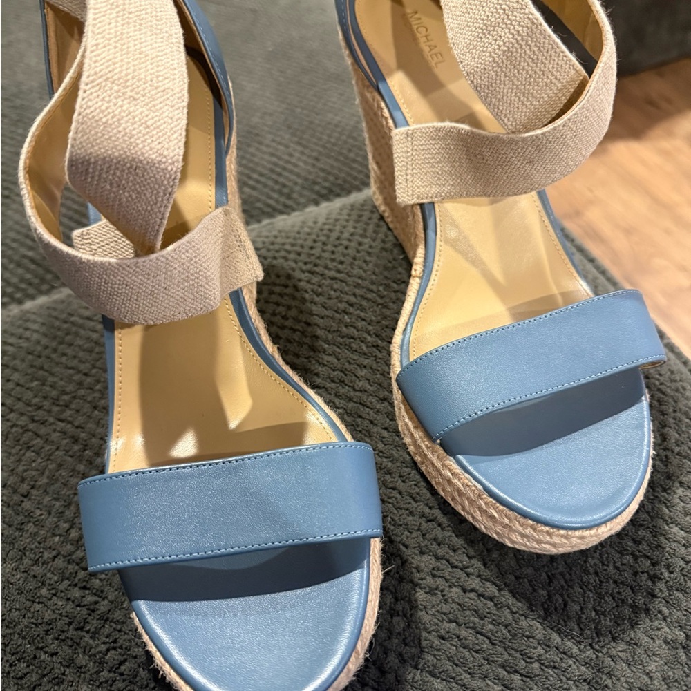 Michael Kors Tan and Blue Espadrille Wedges